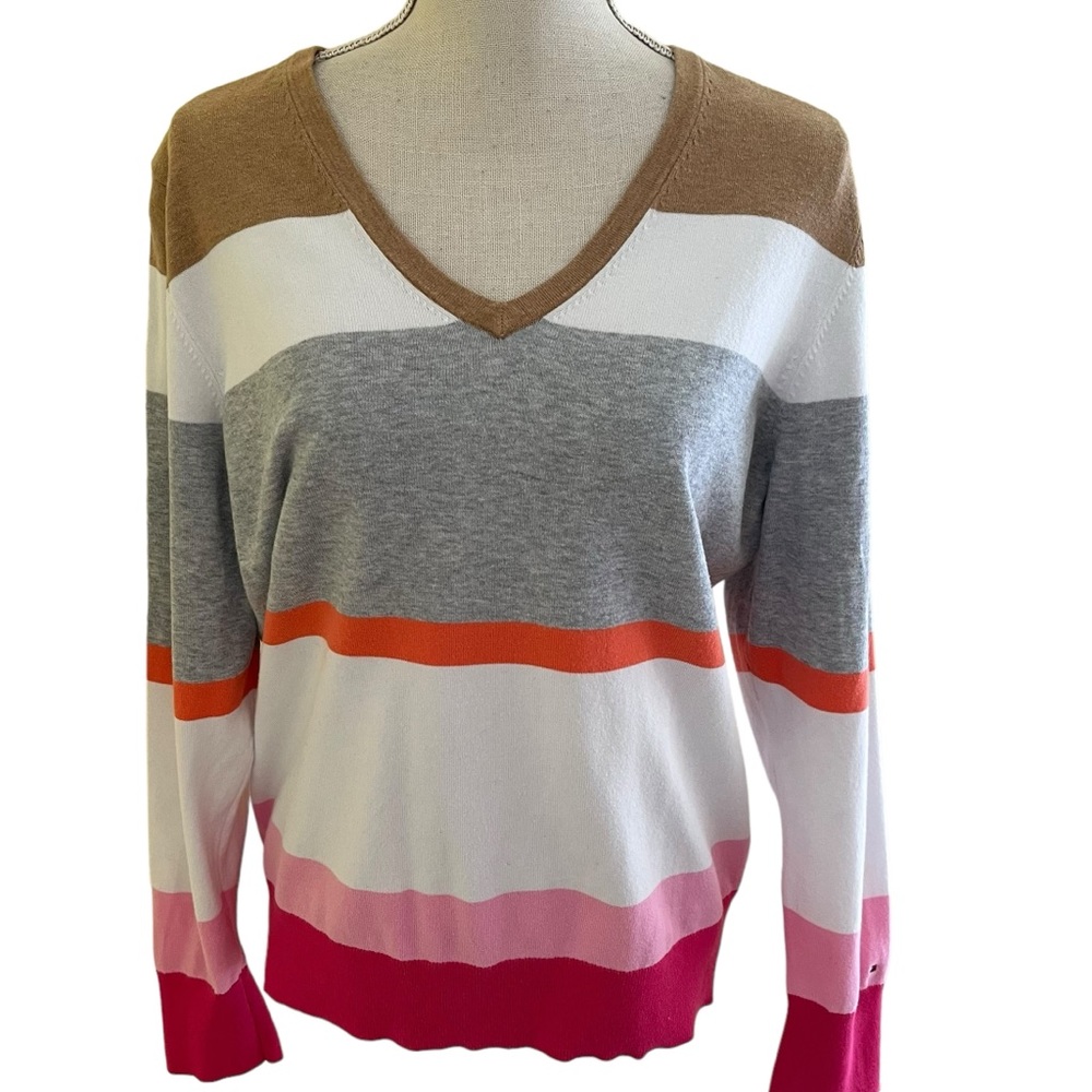 Tommy Hilfiger Grey/Tan/Pink/Cream Stripe V-Neck Pullover Sweater XL